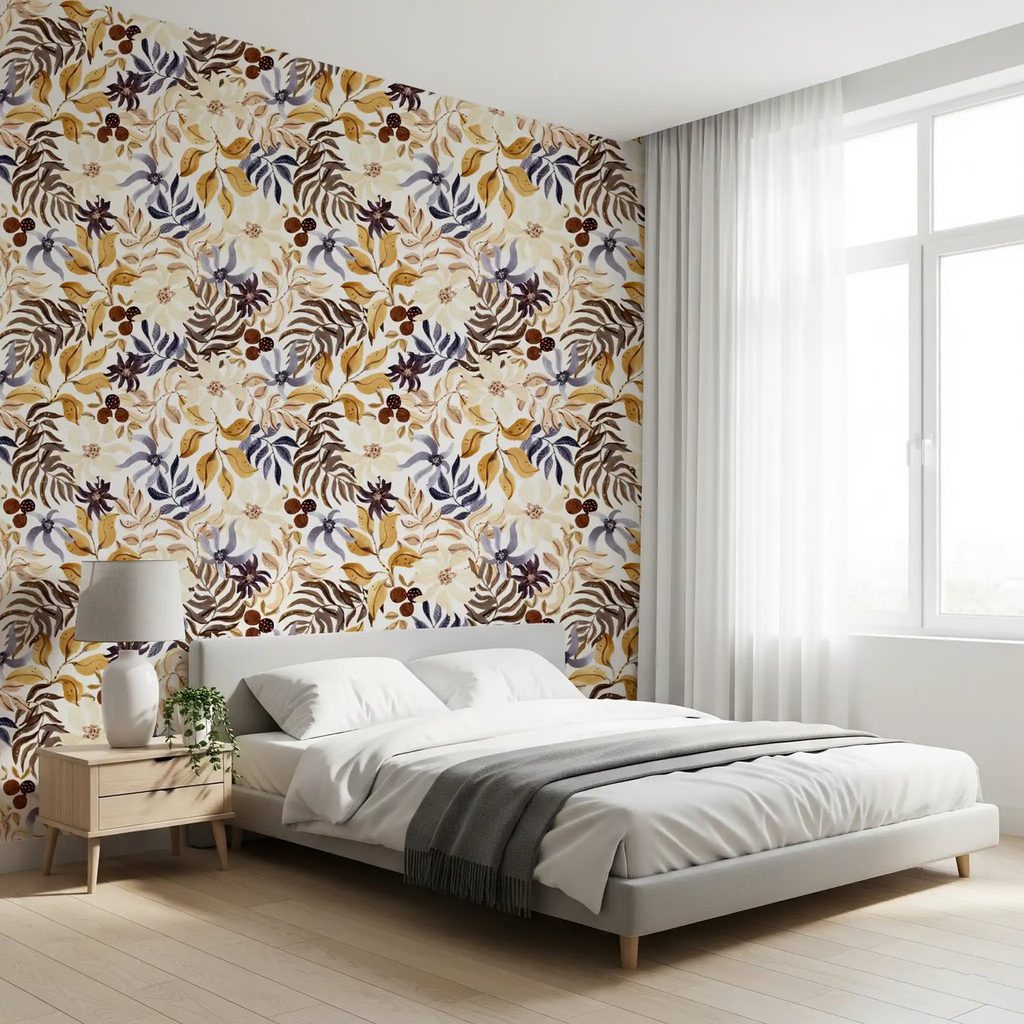 autumn botanical peel and stick wallpaper with leaves and berries in a bedroom
