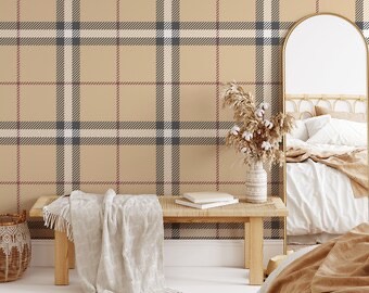 plaid peel and stick wallpaper accent wall in a cozy bedroom

