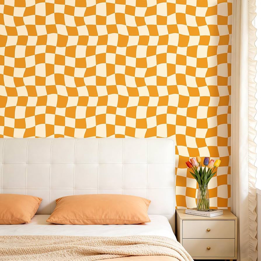 playful orange checkered peel and stick wallpaper accent wall
