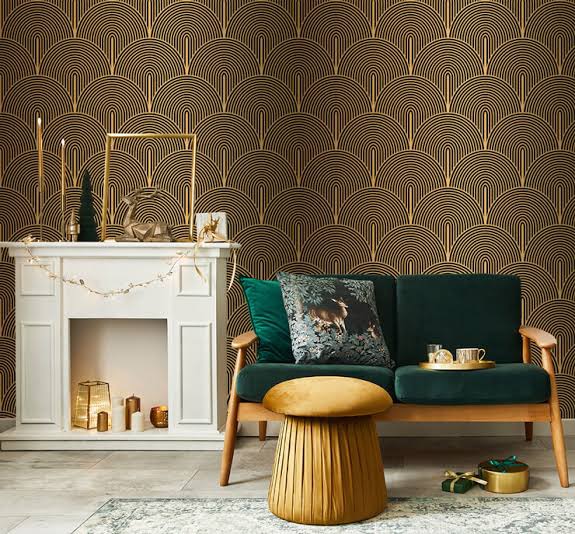 gold metallic christmas peel and stick wallpaper accent wall

