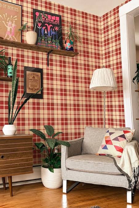christmas plaid tartan peel and stick wallpaper in a cozy room
