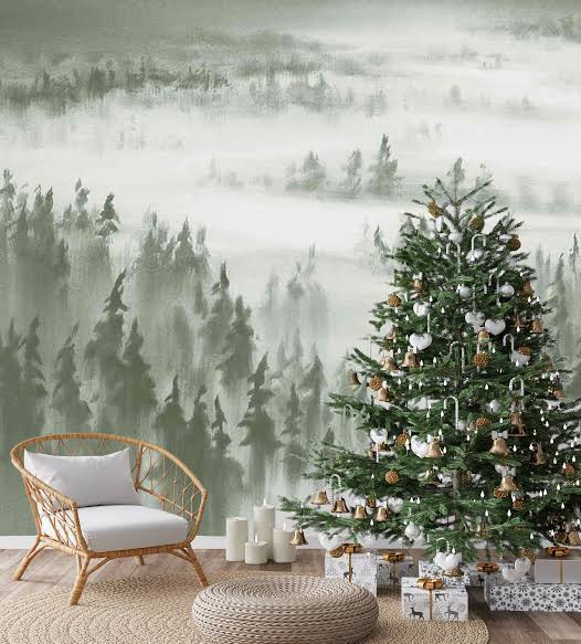 pine and botanical greenery christmas peel and stick wallpaper
