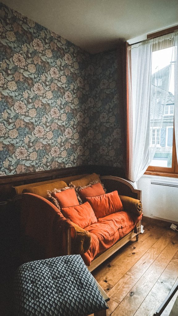 dark moody floral peel and stick wallpaper in a cozy living room
