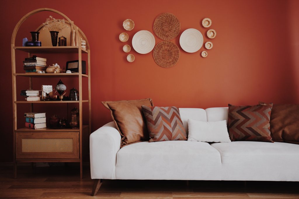 terracotta peel and stick wallpaper accent wall
